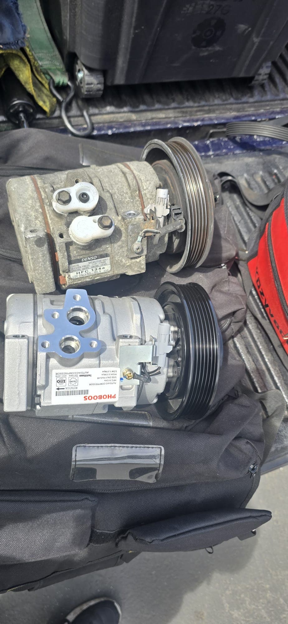A/C compressor replacement, old and new
